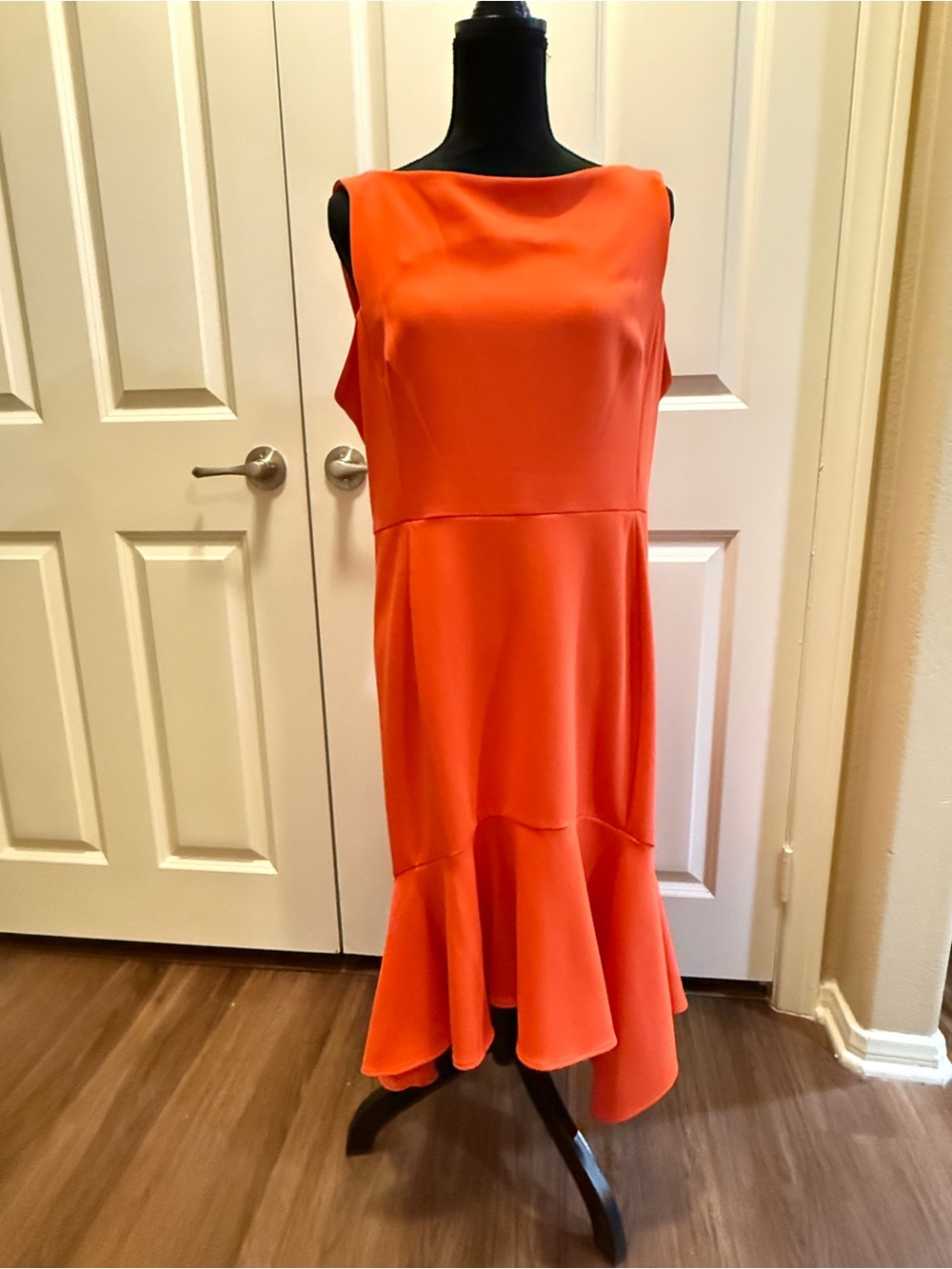 Donna Karan Vibrant Orange Sleeveless Midi Dress with Flounce Hem